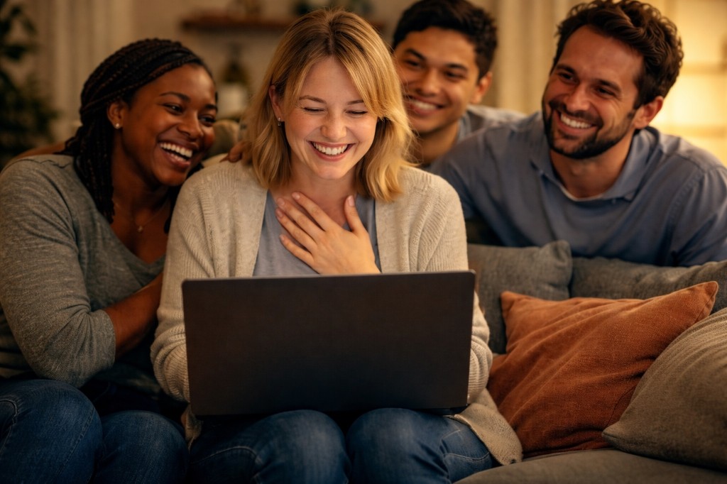 Amis et famille heureux autour d'un ordinateur
